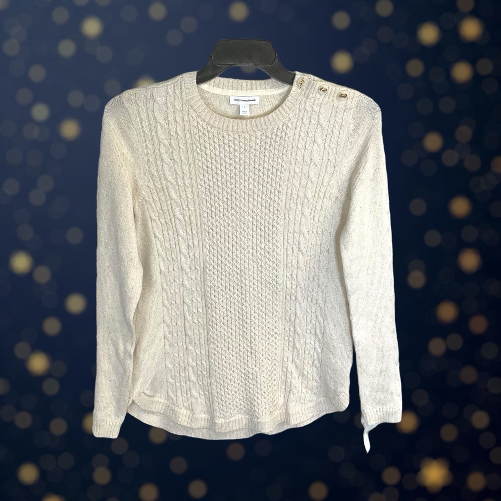 NWT Charter Club Cream & Gold Shimmery Sparkle Pullover Cable Knit Sweater Wm S